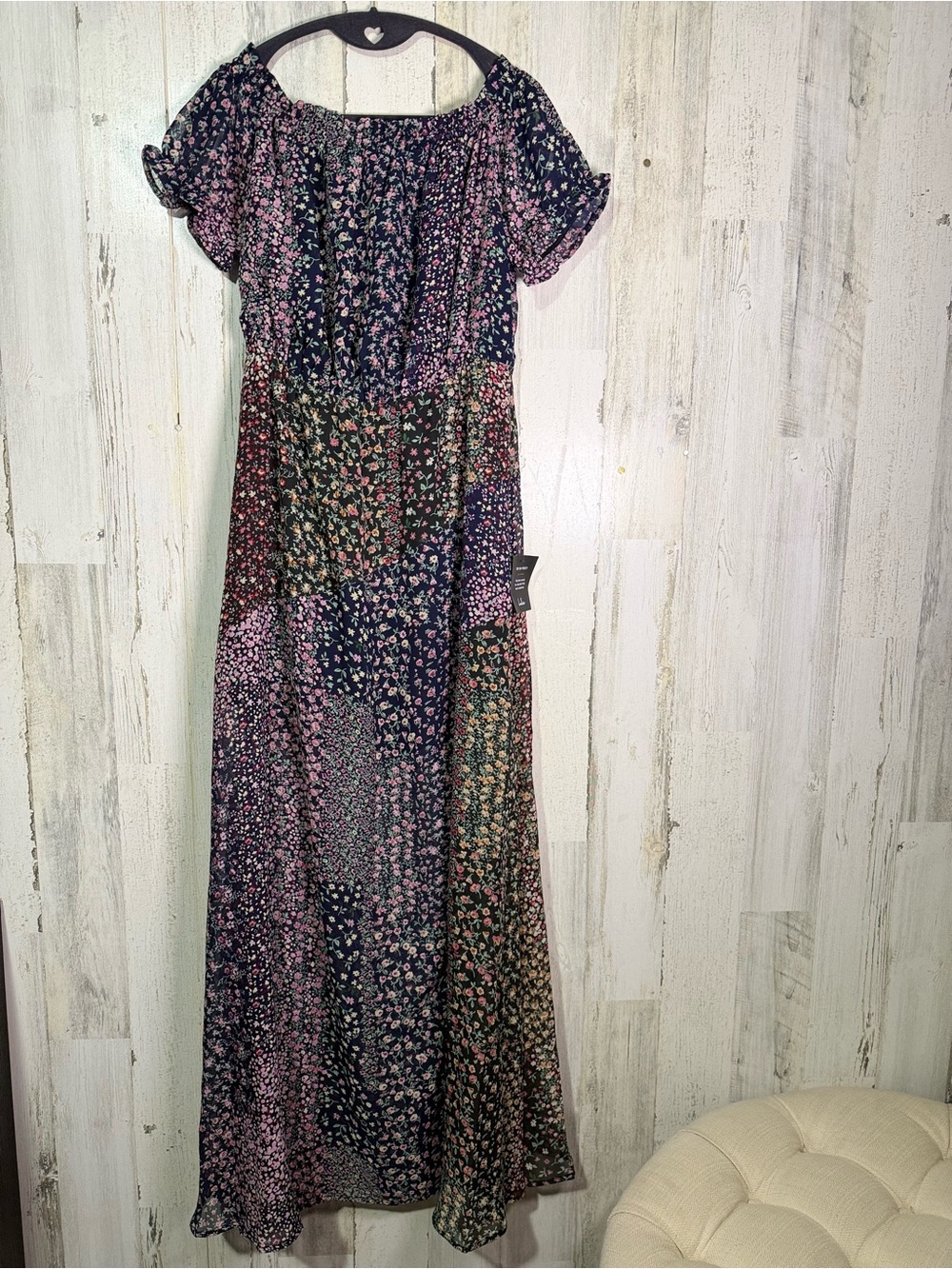 Lulus Neva Navy Ditsy Floral Patchwork Off Shoulder Maxi Dress Size M NEW - Picture 7 of 15